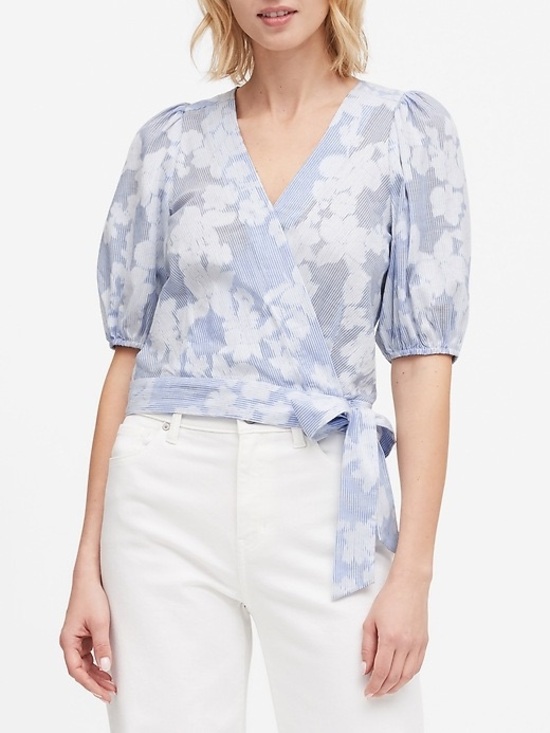 Banana Republic Tops - Banana Republic Light Blue Floral Wrap Top with Puff Sleeves M